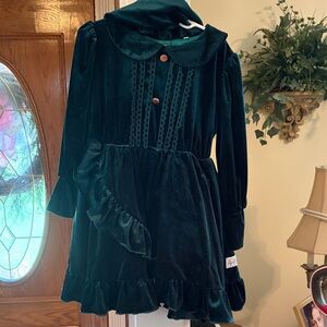 Classic Velvet Ruffled Girls' Dress - Dark Green
